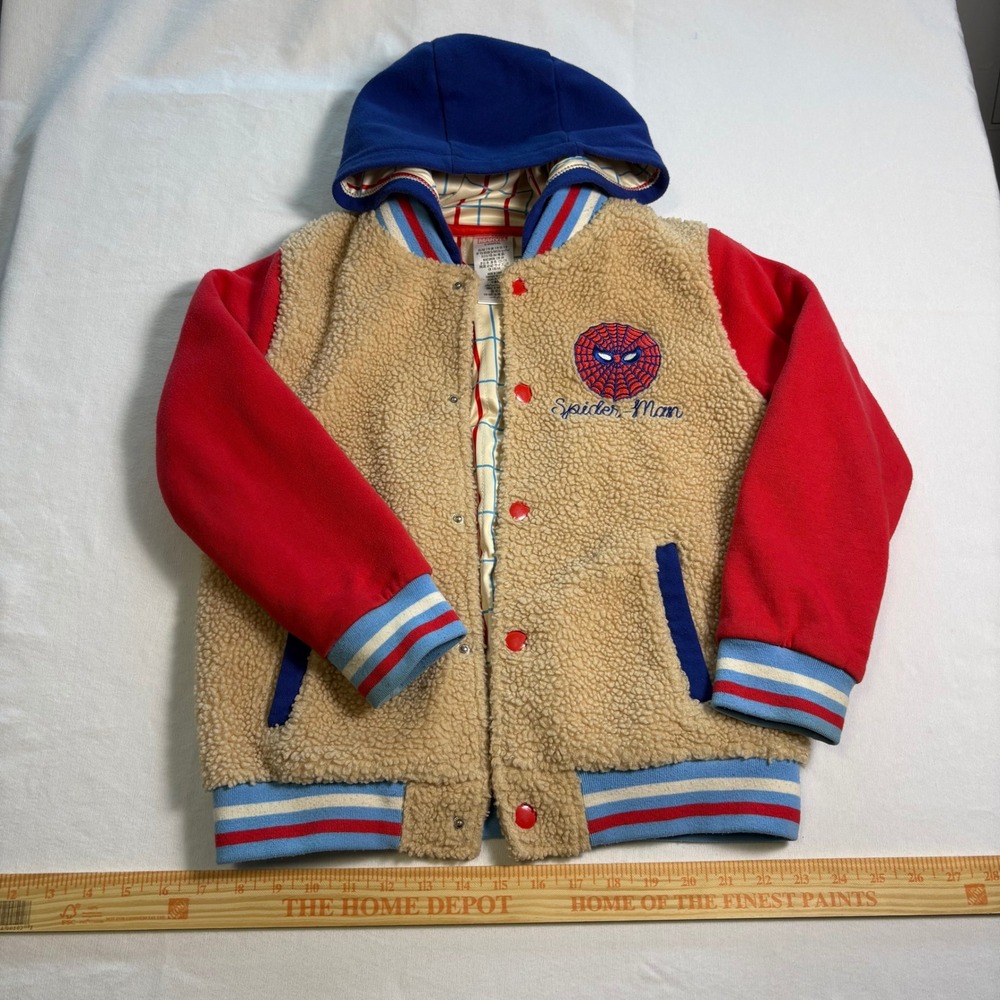 Disney Marvel Spider-Man Hooded Sherpa Varsity Jacket Kids, Size 7/8, MSRP $50